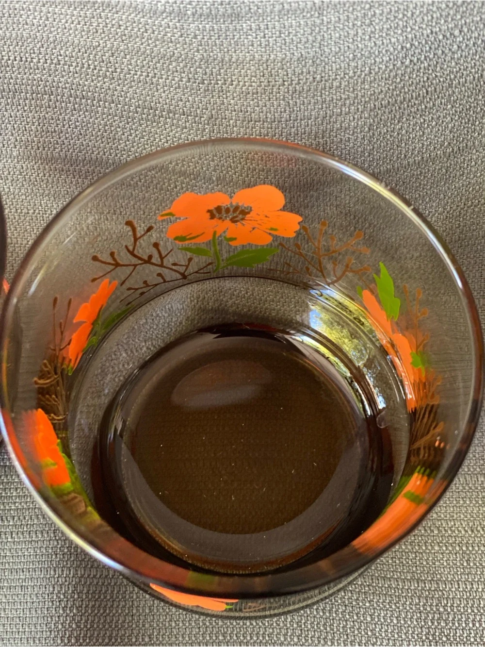 Vintage M. Dia Libbey Floral Smoked Glass Lowball Tumblers Set of 2